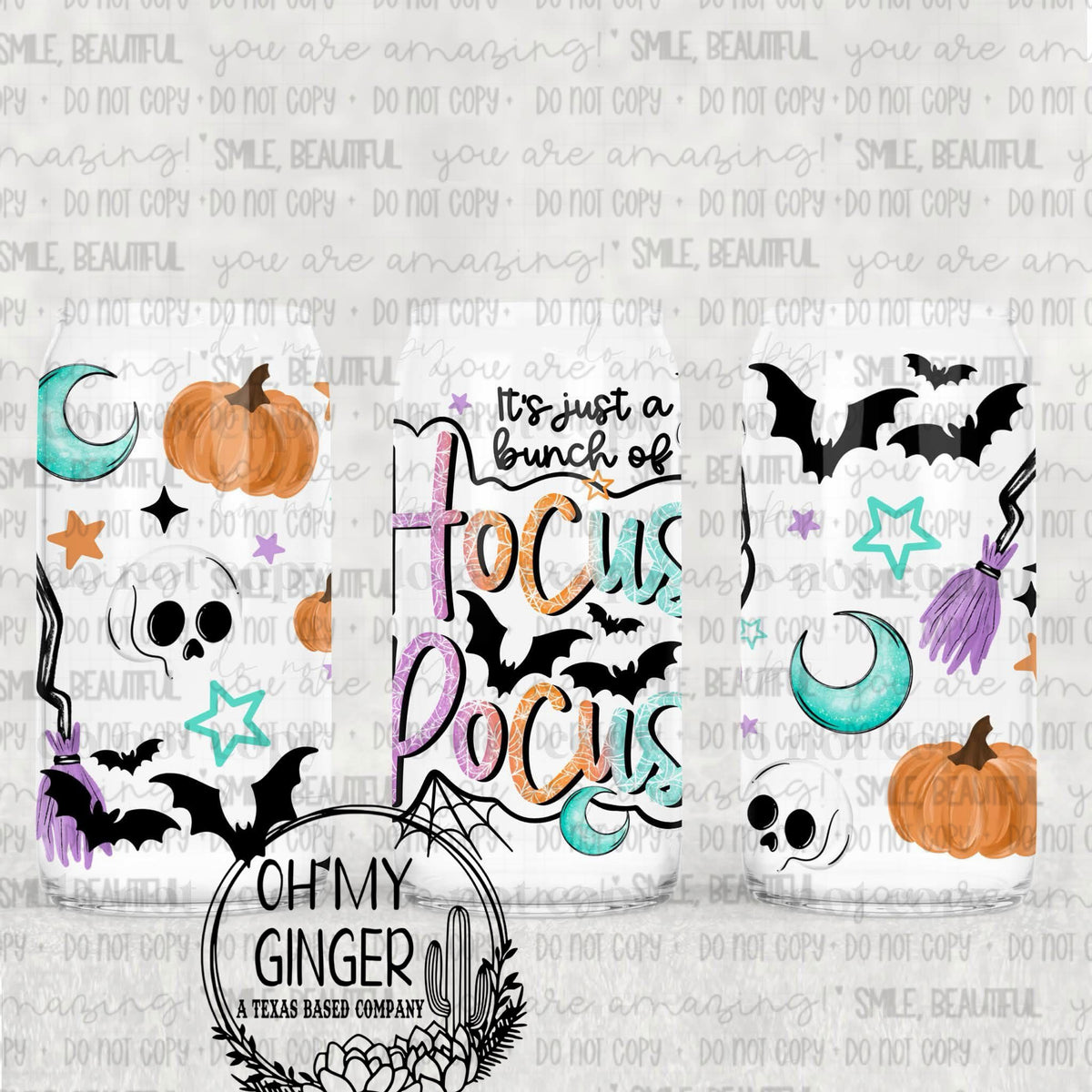 It’s Just A Bunch Of Hocus Pocus Glass Can featuring Hocus Pocus lettering surrounded by skulls, bats, moons and pumpkins by Oh My Ginger