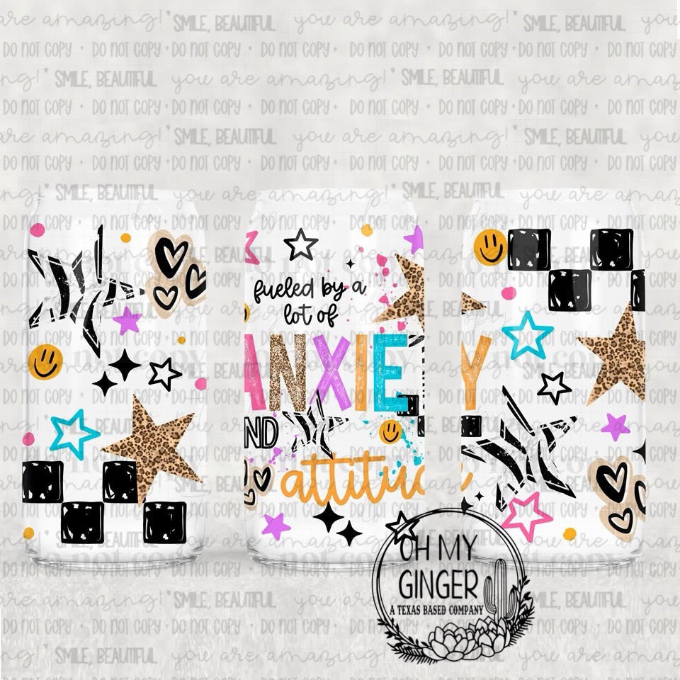 Fueled By A Lot Of Anxiety and Attitude Glass Can featuring bright anxiety-and-attitude lettering with checkerboard blocks, stars, hearts and smiley accents by Oh My Ginger