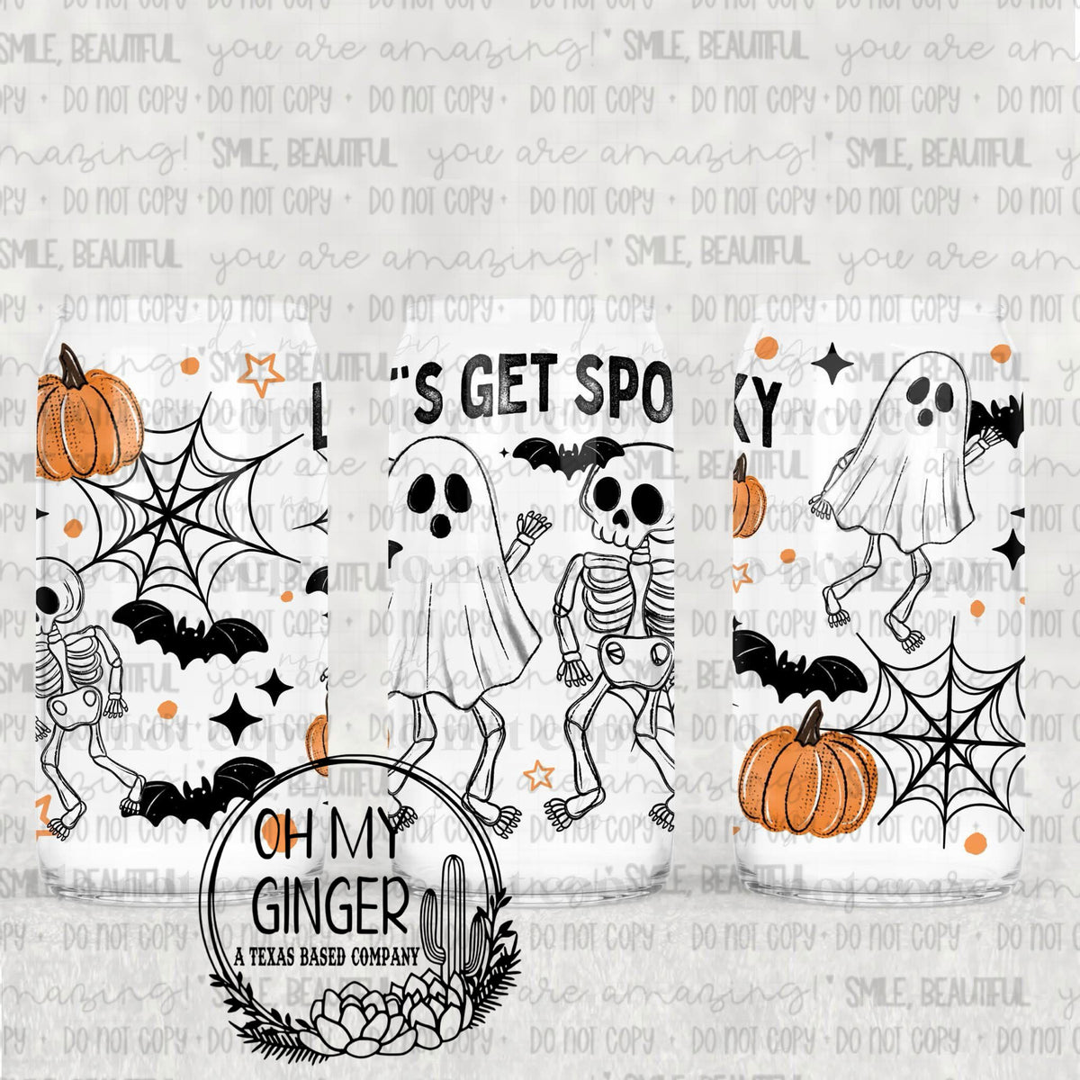 Let’s Get Spooky Glass Can featuring ghosts, a skeleton, bats, pumpkins and spiderwebs with Let's Get Spooky lettering by Oh My Ginger