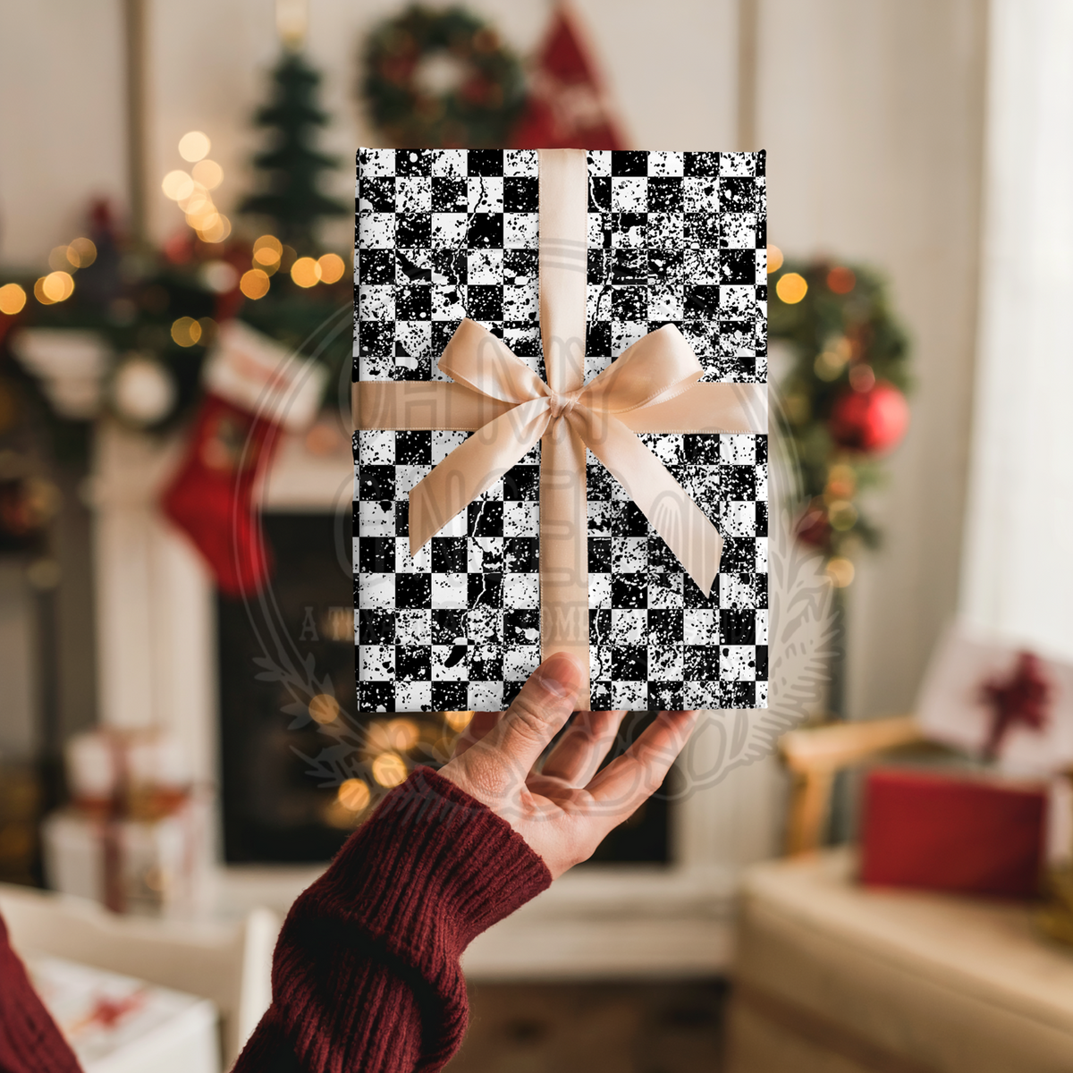 Black Paint Splatter Checkerboard Wrapping Paper