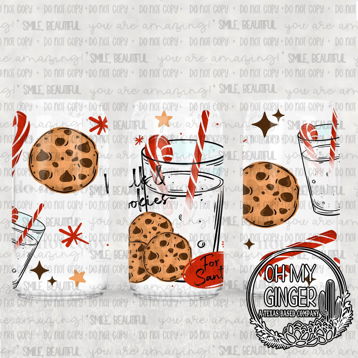 Milk & Cookies Glass Can — cookies, milk glasses, candy canes and stars