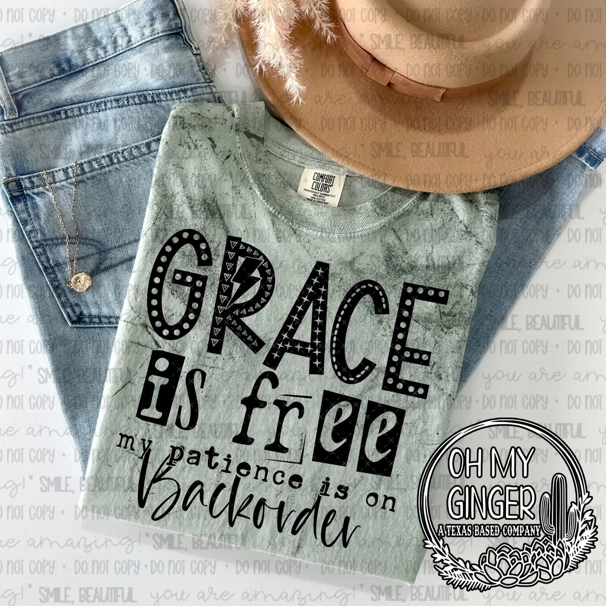 Grace Is Free, My Patience Is On Backorder — grace-is-free lettering with a playful patience-on-backorder message