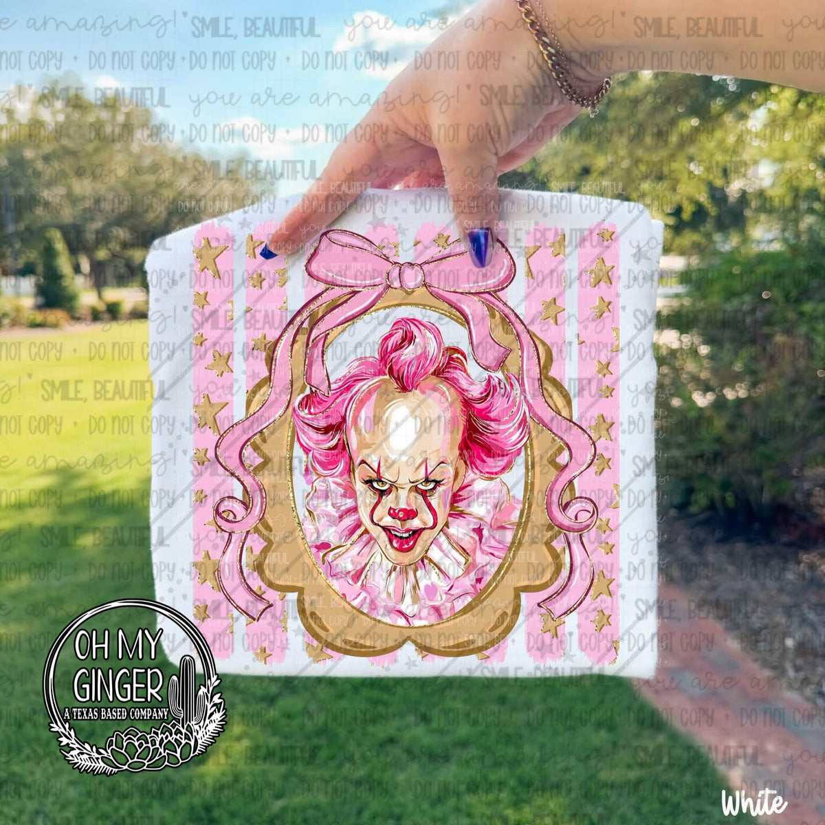 IT Pink Horror Stripes adult apparel design featuring a pink striped horror design featuring a sinister-clown-inspired character by Oh My Ginger