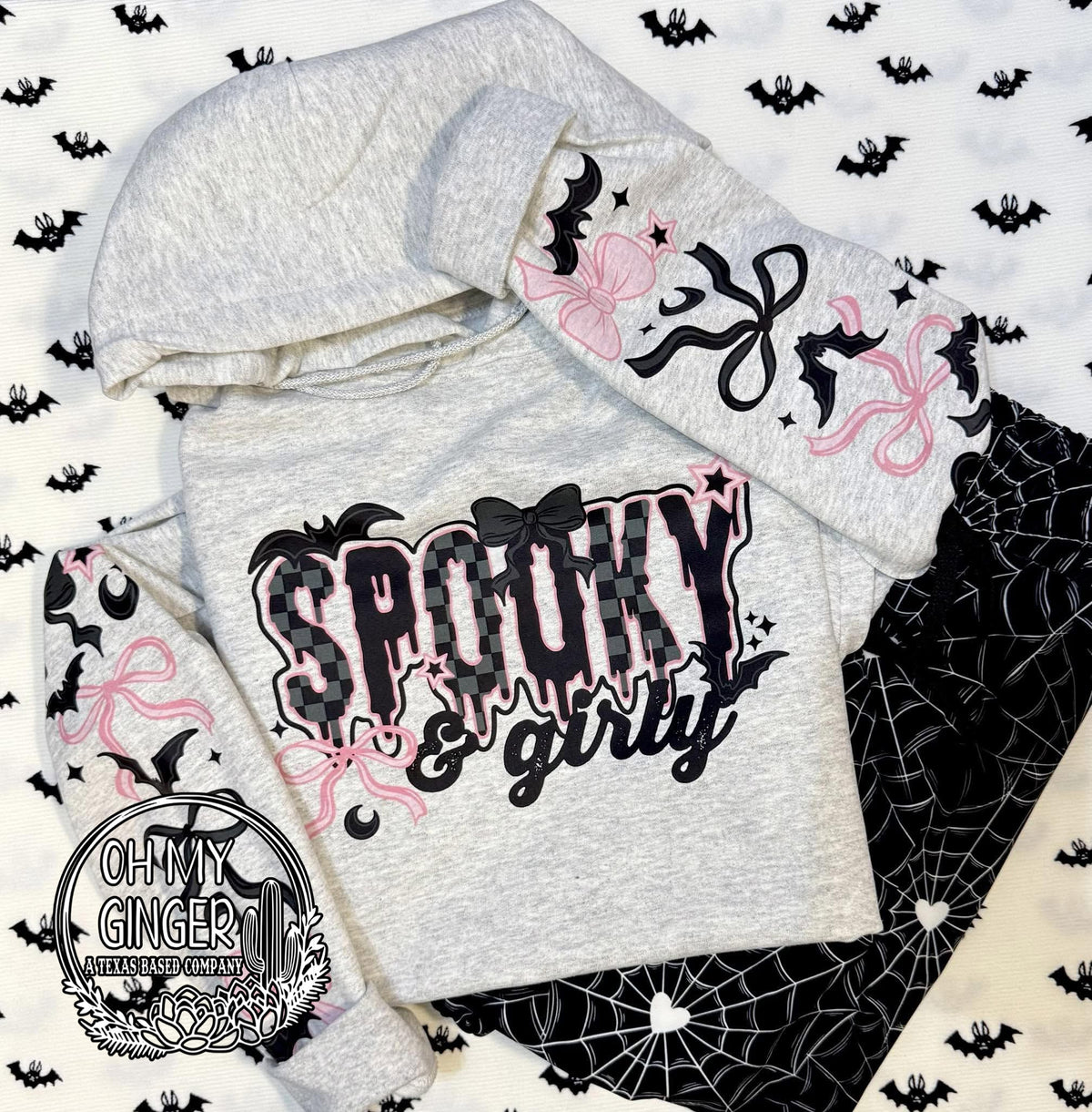 Spooky & Girly - Sleeve Prints on Longsleeves and Up adult apparel design featuring a girly spooky-season design with coordinating sleeve-print details on eligible long-sleeve apparel by Oh My Ginger