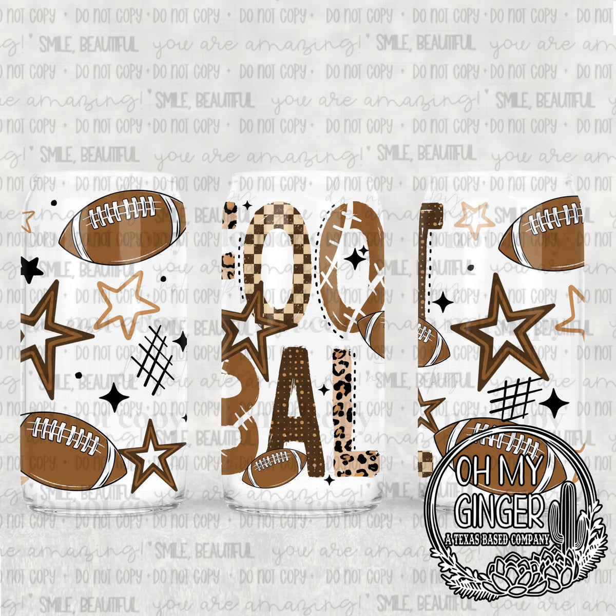 Football Glass Can — football motifs, stars and game-day lettering