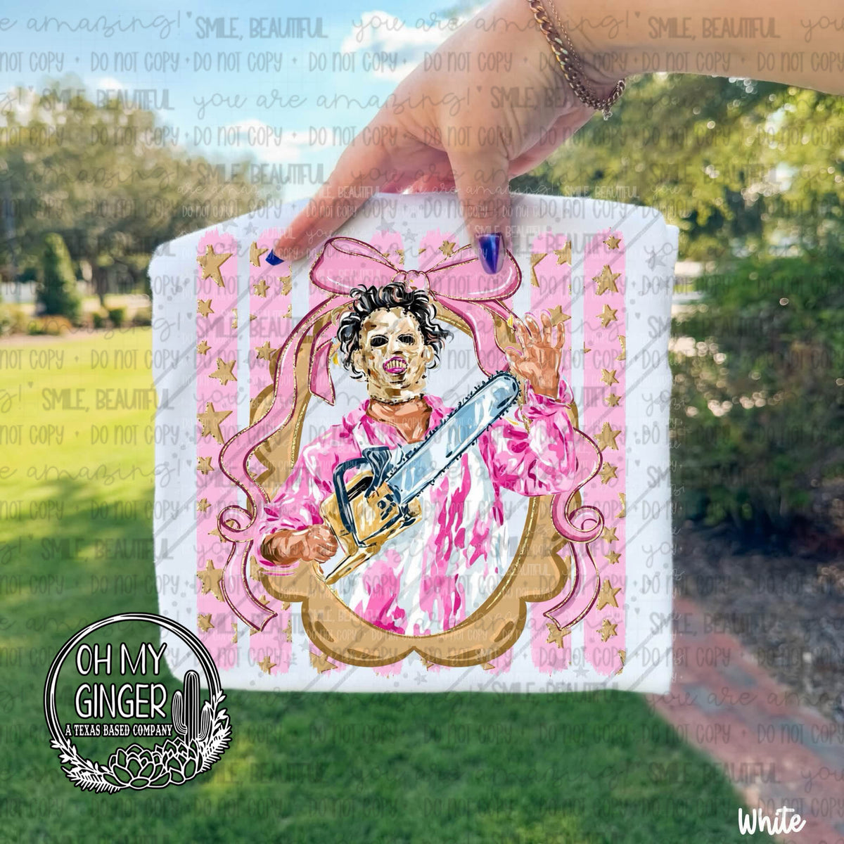 Leatherface Pink Horror Stripes adult apparel design featuring a pink striped horror design featuring a chainsaw-slasher-inspired character by Oh My Ginger