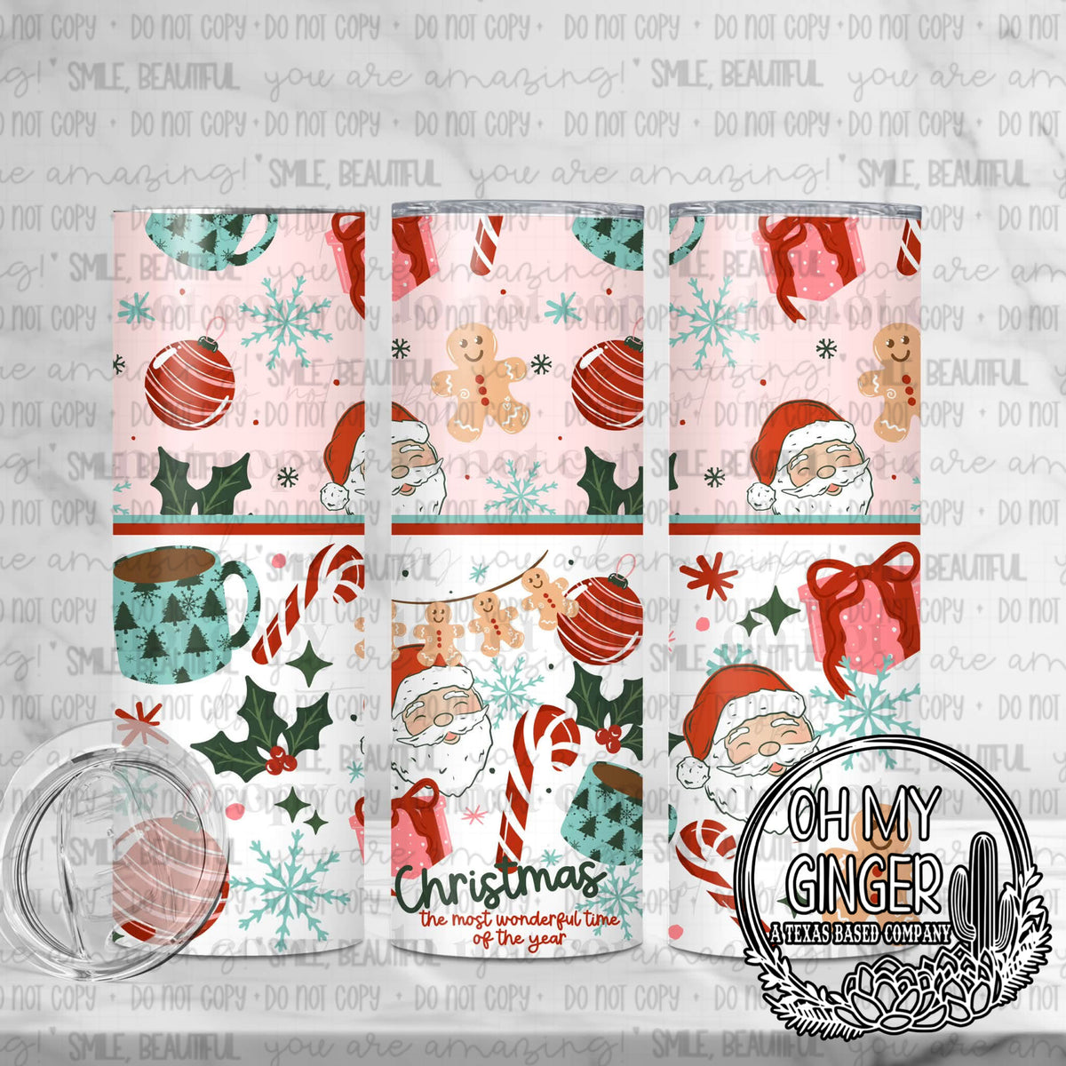 Christmas The Most Wonderful Time Of The Year Skinny Tumbler — red and green holiday ornaments, bows and festive lettering
