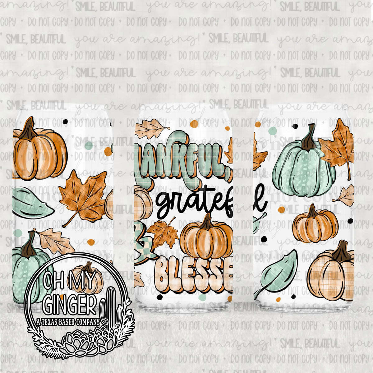Thankful, Grateful, Blessed Fall Glass Can featuring colorful pumpkins and leaves around Thankful Grateful Blessed lettering by Oh My Ginger