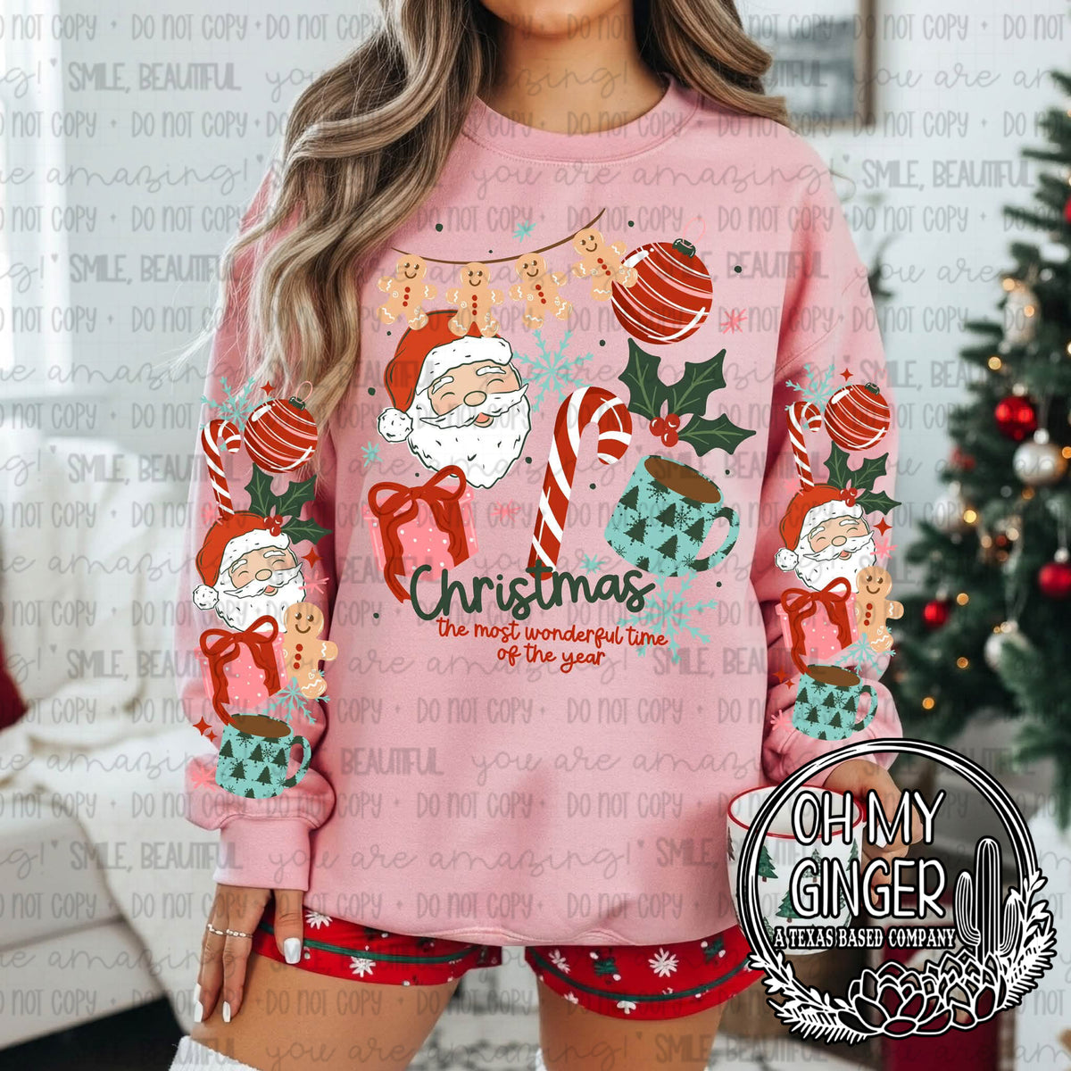 Christmas The Most Wonderful Time Of The Year - Sleeve Prints on Longsleeves and Up — festive lettering with ornaments, bows and Santa details