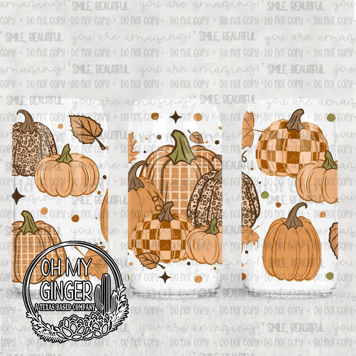 Patterned Fall Pumpkins Glass Can featuring an assortment of solid, plaid and checkerboard pumpkins with autumn leaves by Oh My Ginger