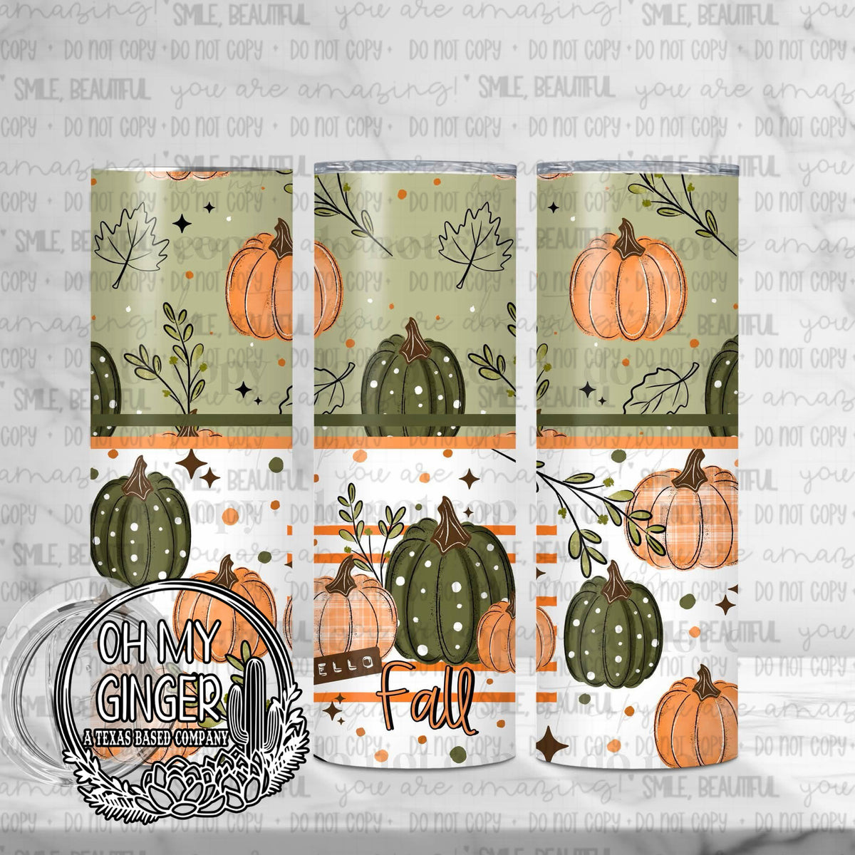Hello Fall Skinny Tumbler featuring green and orange pumpkins, leaves and delicate botanical details with Hello Fall lettering by Oh My Ginger