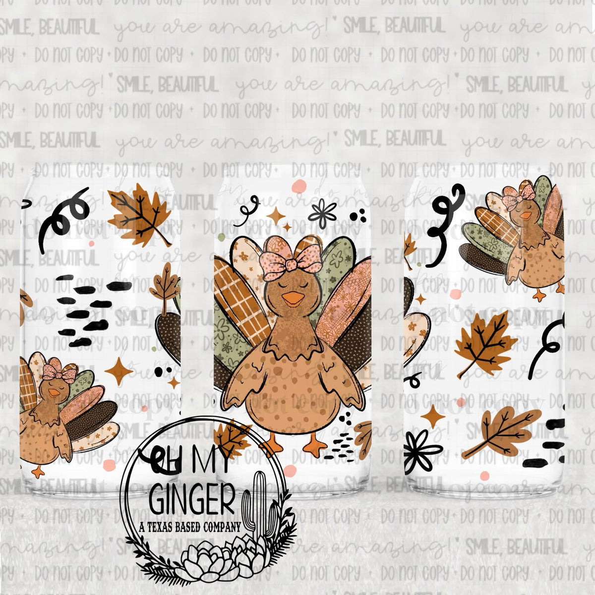 Turkey with Bow Glass Can featuring a patchwork turkey with a bow, acorns, leaves and small floral accents by Oh My Ginger