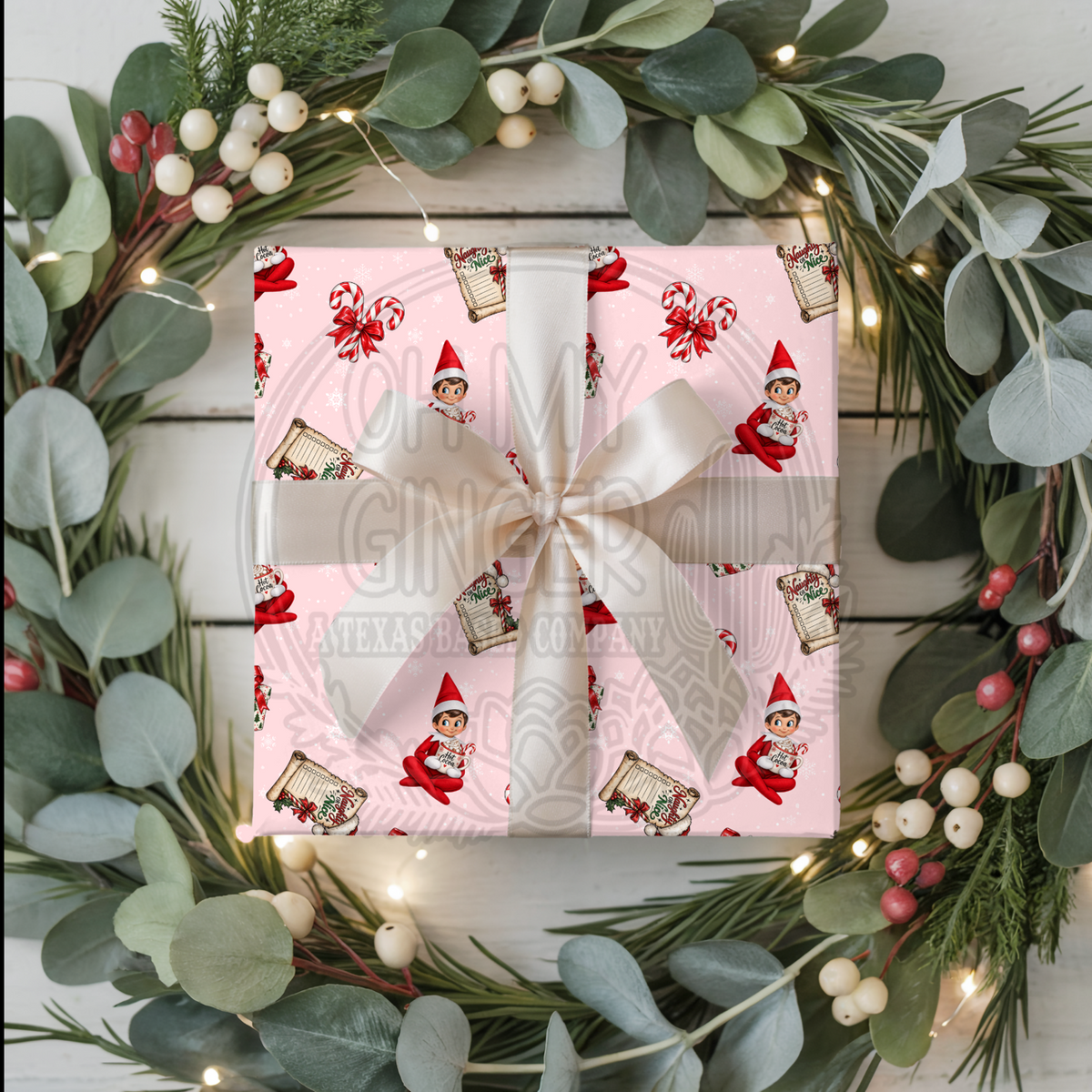 Elves on Pink Wrapping Paper