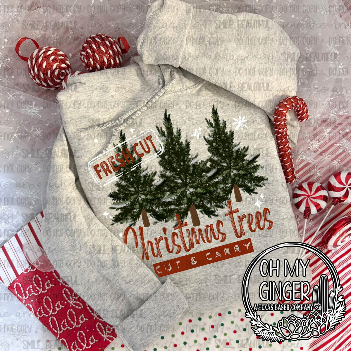 Christmas Trees Cut & Carry — evergreen trees with farm-fresh Christmas-tree lettering
