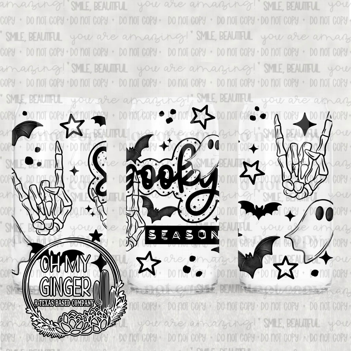 Spooky Season Glass Can featuring Spooky Season lettering with skeleton hands, ghosts, bats and black stars by Oh My Ginger
