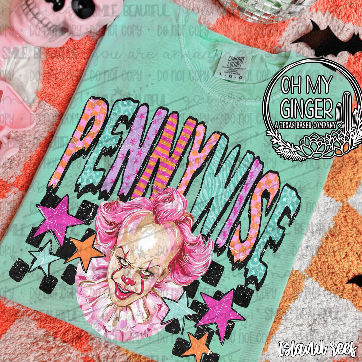 Pennywise design featuring a colorful retro Pennywise portrait with distressed pink, orange, teal and purple lettering, checkerboard blocks and stars by Oh My Ginger