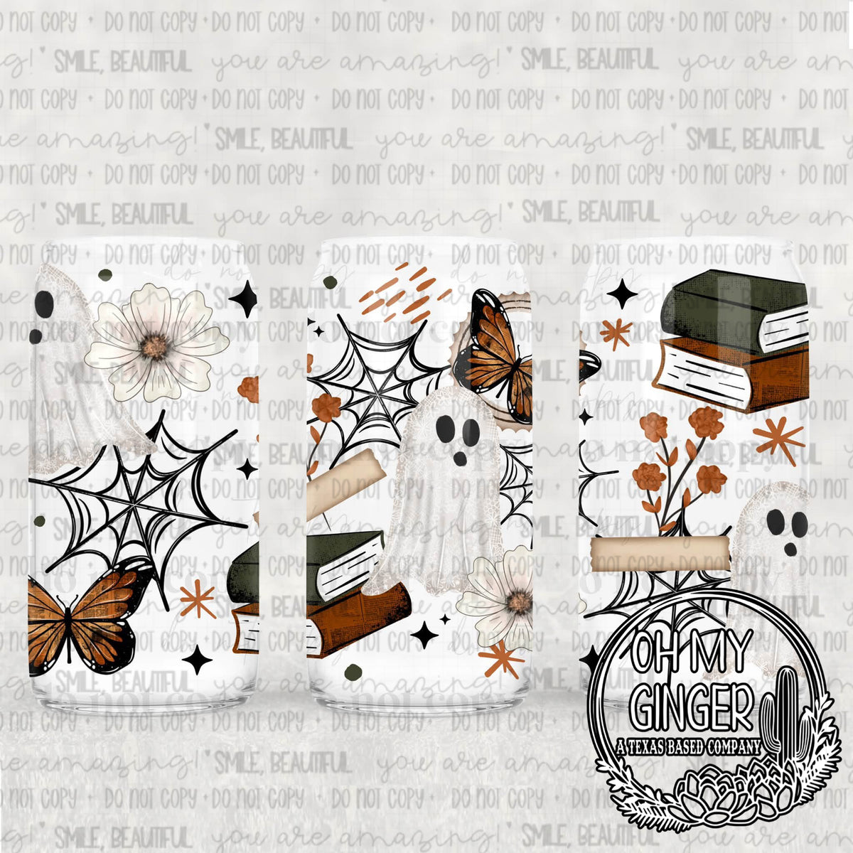 Spooky Books Glass Can — stacked books, ghosts, spiders and webs