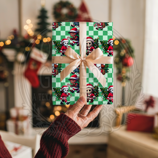 Christmas Horror Characters Green Checkerboard Wrapping Paper