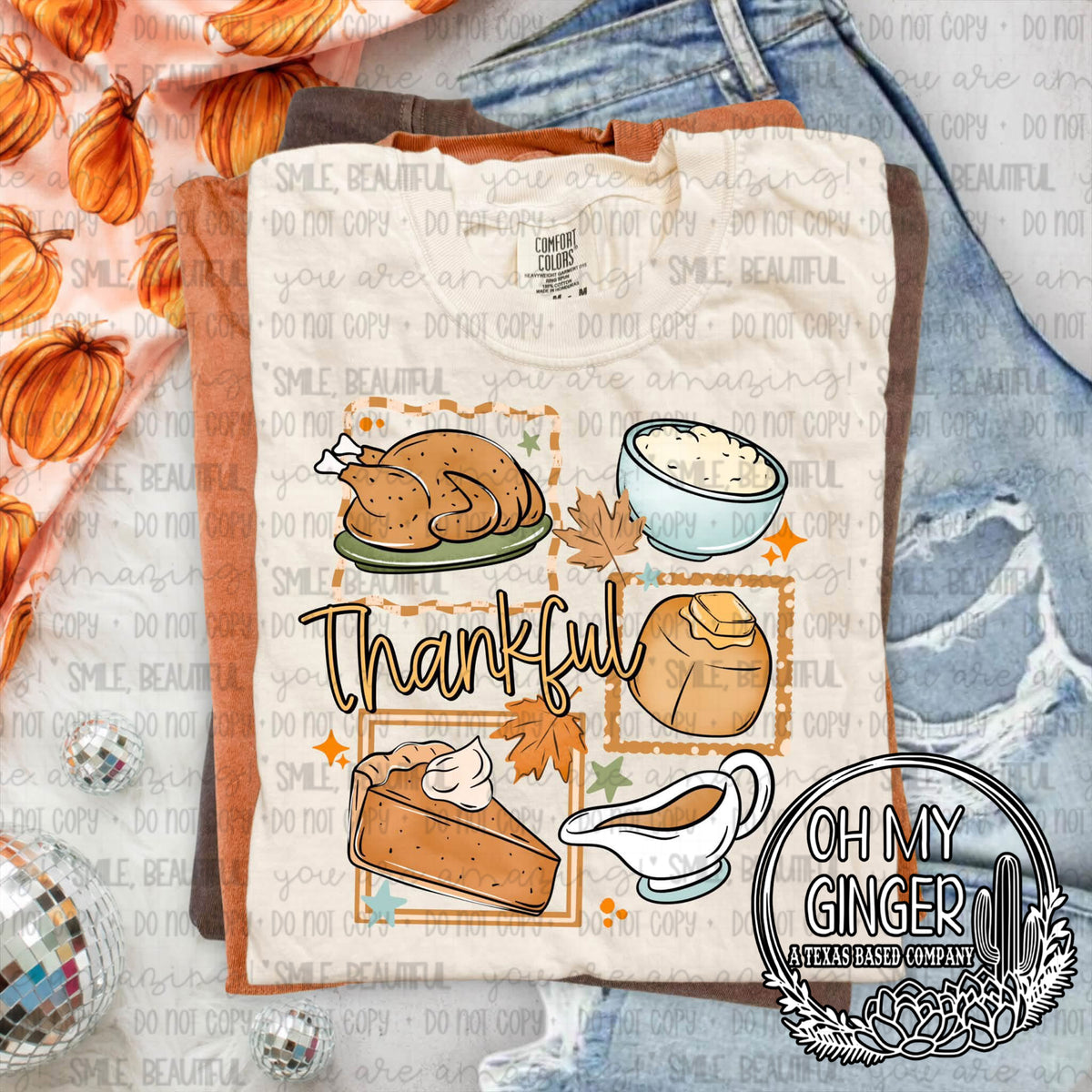 Thankful — thankful lettering with an illustrated Thanksgiving meal