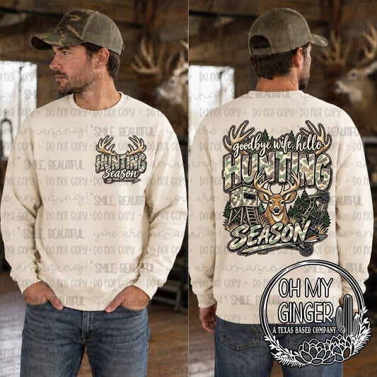 Goodbye Wife, Hello Hunting Season — goodbye-wife hunting-season lettering with camouflage patterns