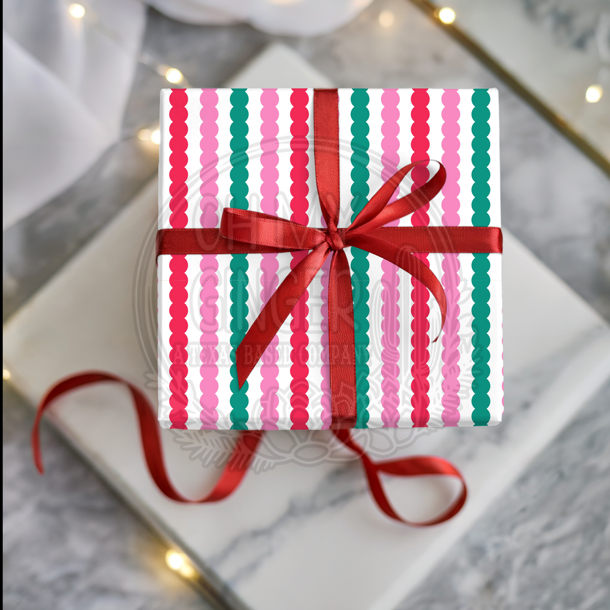 Scalloped Christmas Stripes Wrapping Paper