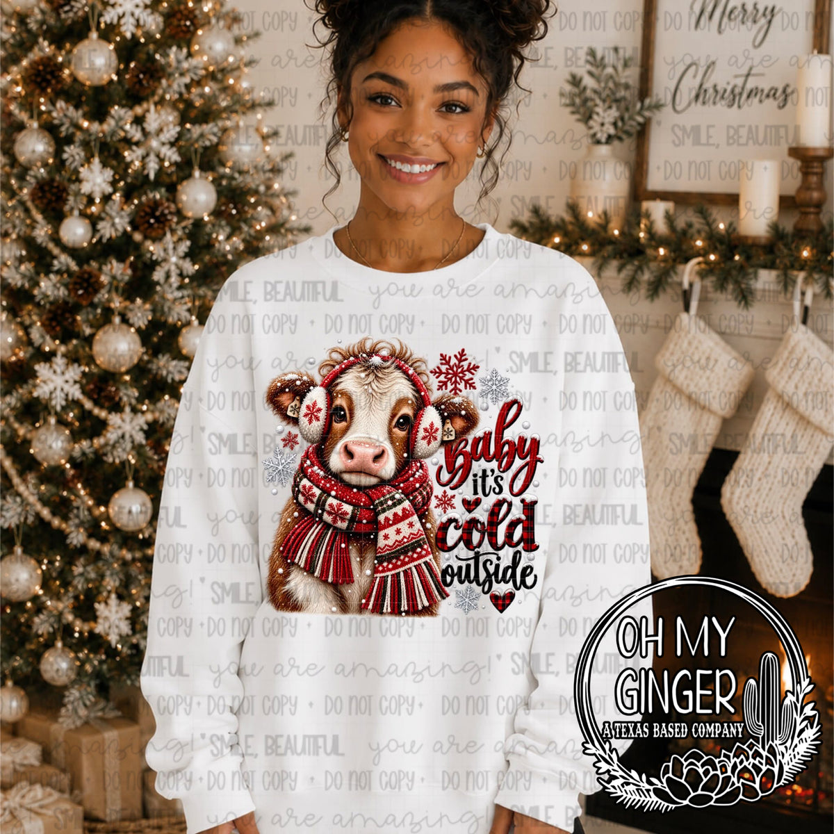 Baby It’s Cold Outside — a bundled-up cow with baby-it-is-cold-outside lettering
