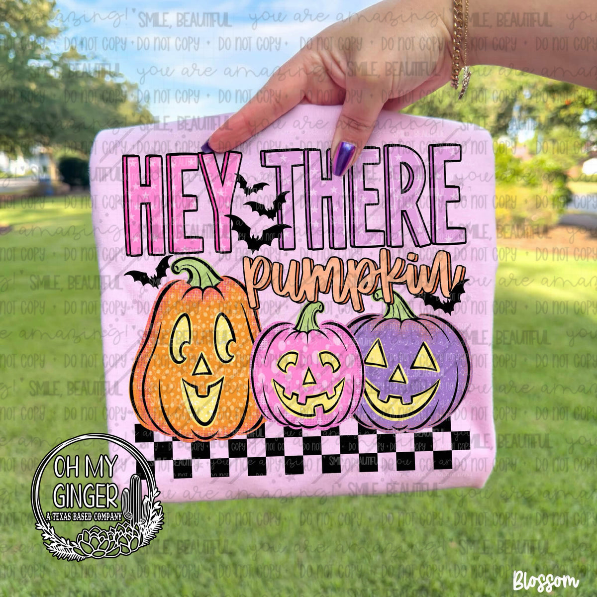 Hey There Pumpkin adult apparel design featuring a cheerful Hey There Pumpkin fall design by Oh My Ginger