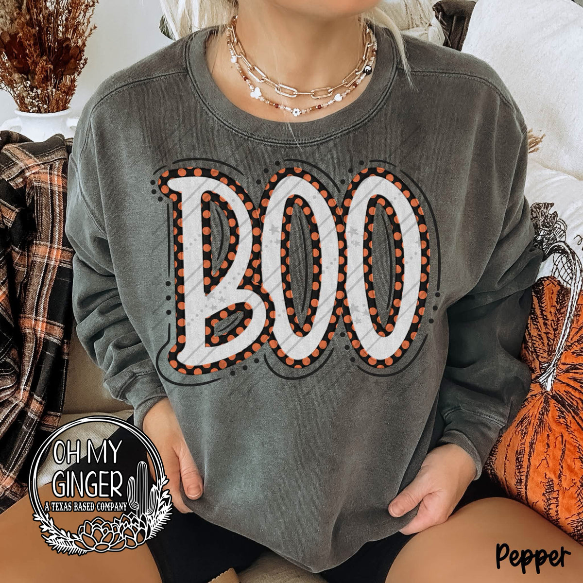 Boo - Black and Orange Polka adult apparel design featuring a festive Boo design with classic black-and-orange polka-dot styling by Oh My Ginger