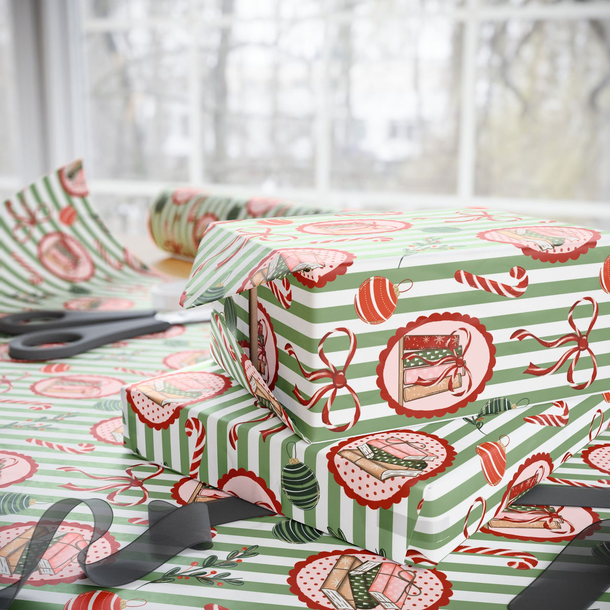 Book Lover Christmas Wrapping Paper, Sage Green Stripes, Festive Books & Bows, Bookish Holiday Gift Wrap