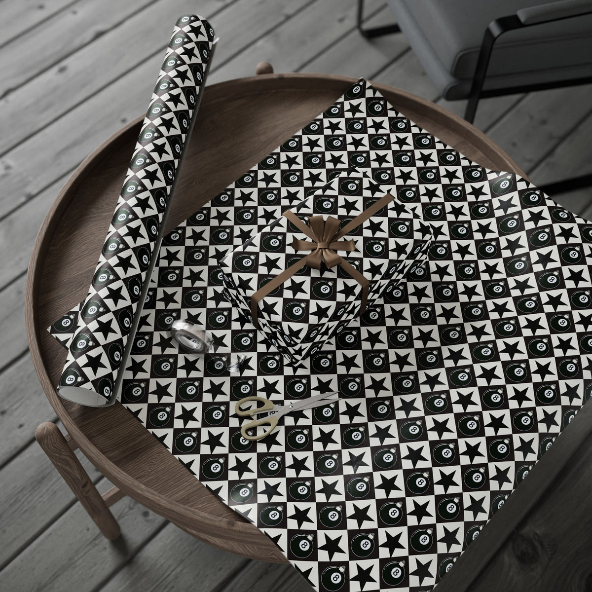 8 Ball Christmas Wrapping Paper, Black & White Ornament Gift Wrap, Stars & Diamonds, Billiards Holiday Paper