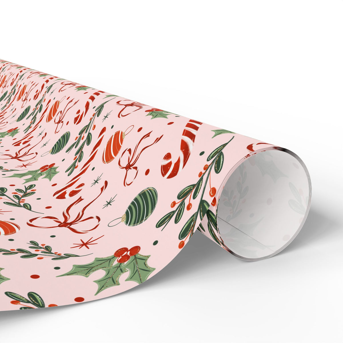Pink Christmas Wrapping Paper, Candy Canes, Ornaments & Red Bows, Vintage-Inspired Holiday Gift Wrap
