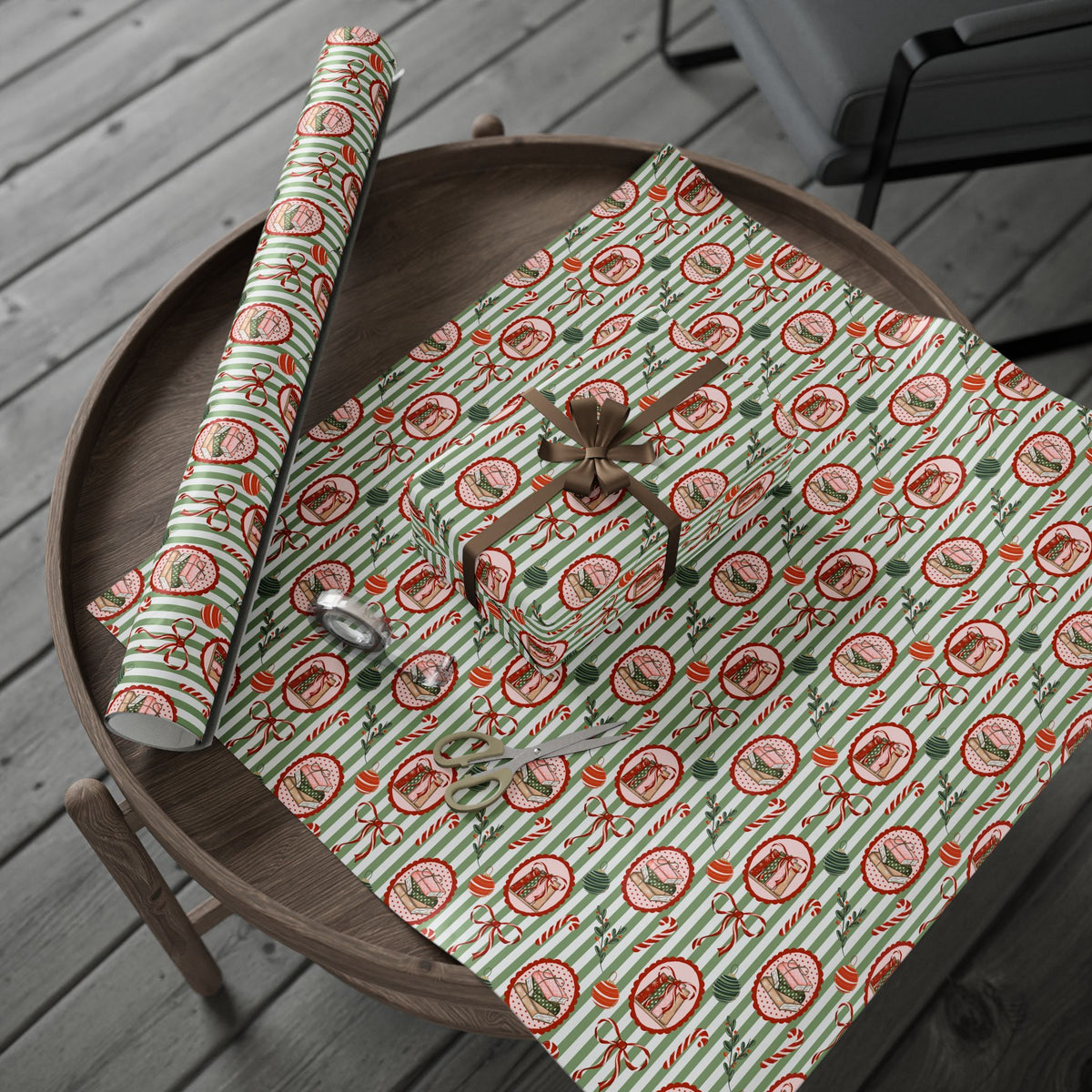 Book Lover Christmas Wrapping Paper, Sage Green Stripes, Festive Books & Bows, Bookish Holiday Gift Wrap