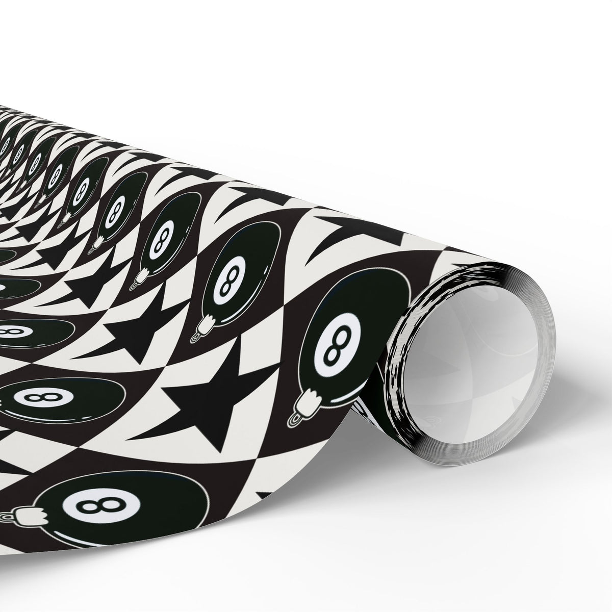 8 Ball Christmas Wrapping Paper, Black & White Ornament Gift Wrap, Stars & Diamonds, Billiards Holiday Paper