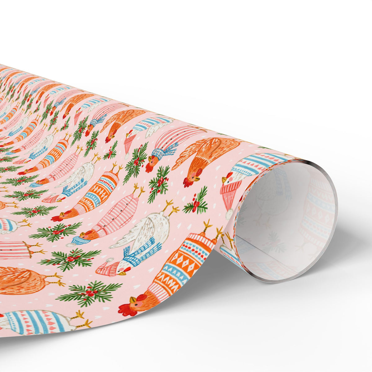 Christmas Chicken Wrapping Paper, Pink Holiday Gift Wrap with Chickens in Sweaters, Cute Farmhouse Christmas Paper