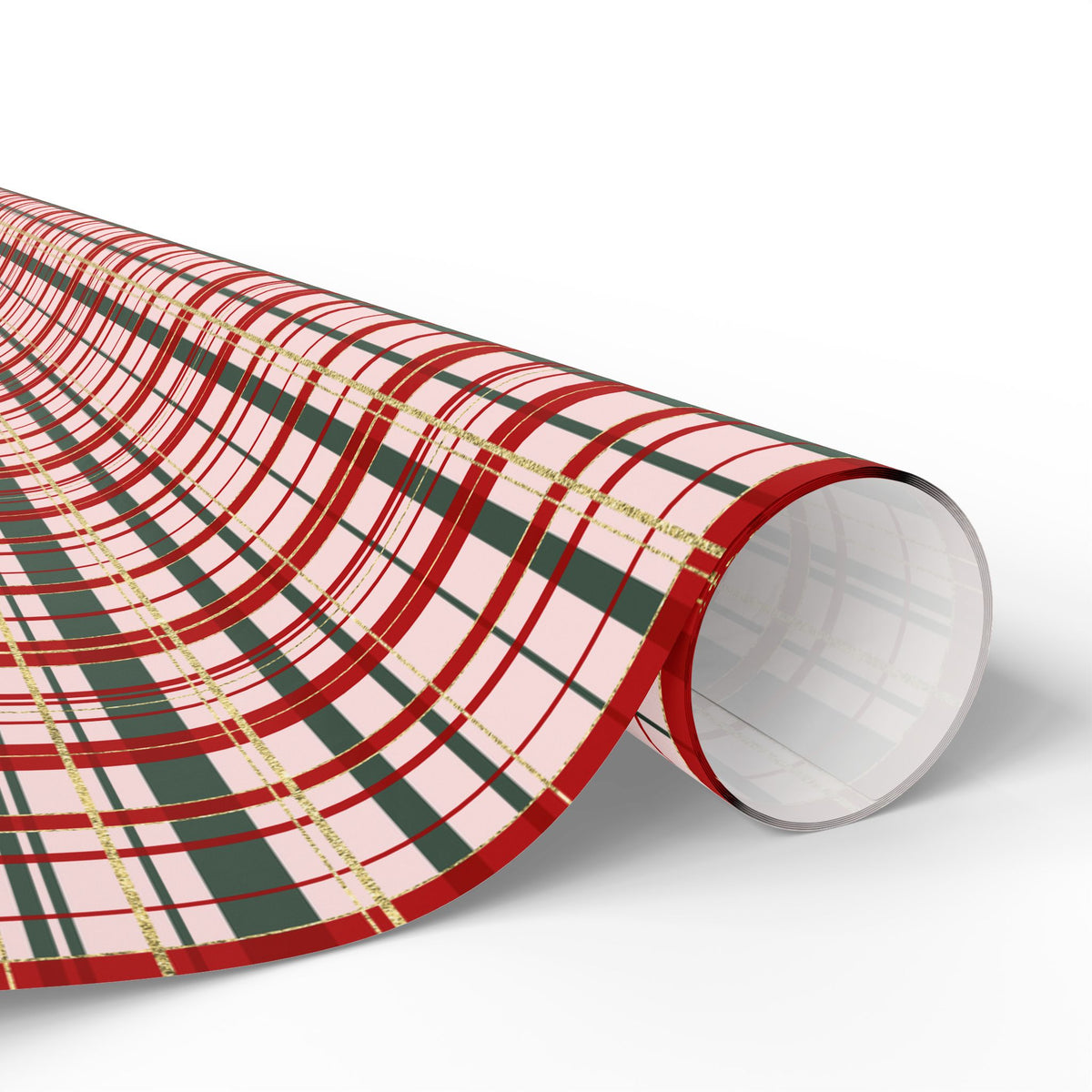 Pink Christmas Plaid Wrapping Paper, Red & Green Tartan with Faux Gold Glitter, Classic Holiday Gift Wrap