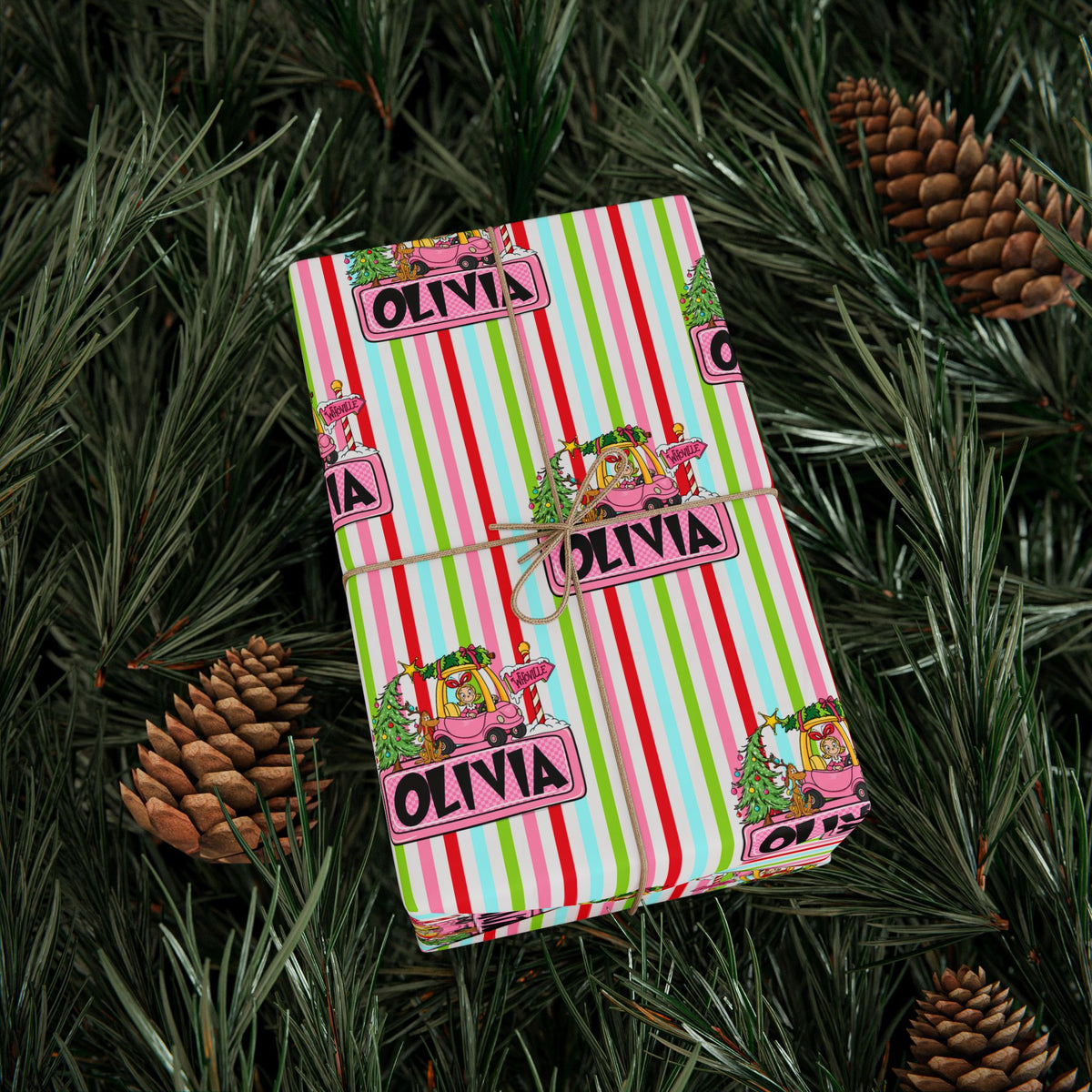 Merry Lou Who Custom Christmas Wrapping Paper, Custom Name Pink Striped Whoville Holiday Gift Wrap