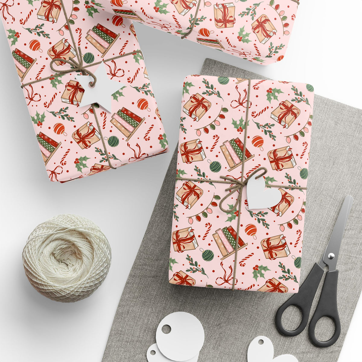 Pink Bookish Christmas Wrapping Paper, Holiday Books, Bows & Christmas Lights, Gift Wrap for Book Lovers