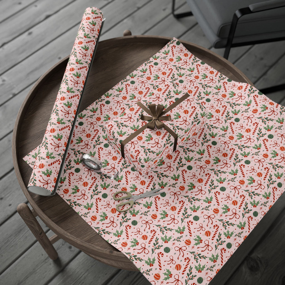 Pink Christmas Wrapping Paper, Candy Canes, Ornaments & Red Bows, Vintage-Inspired Holiday Gift Wrap