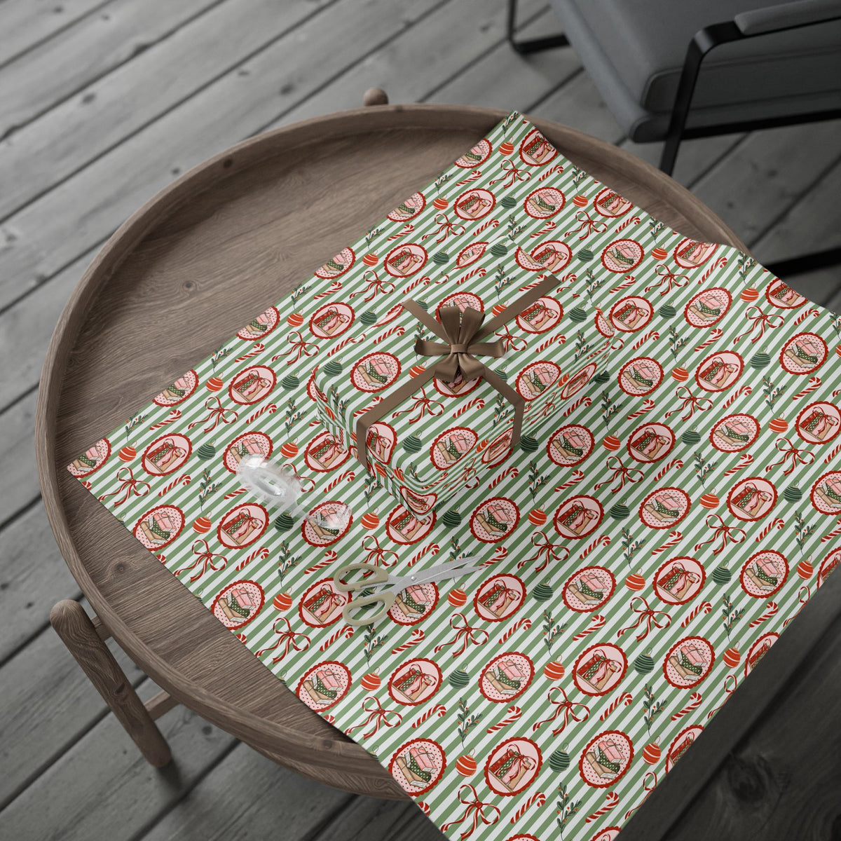 Book Lover Christmas Wrapping Paper, Sage Green Stripes, Festive Books & Bows, Bookish Holiday Gift Wrap