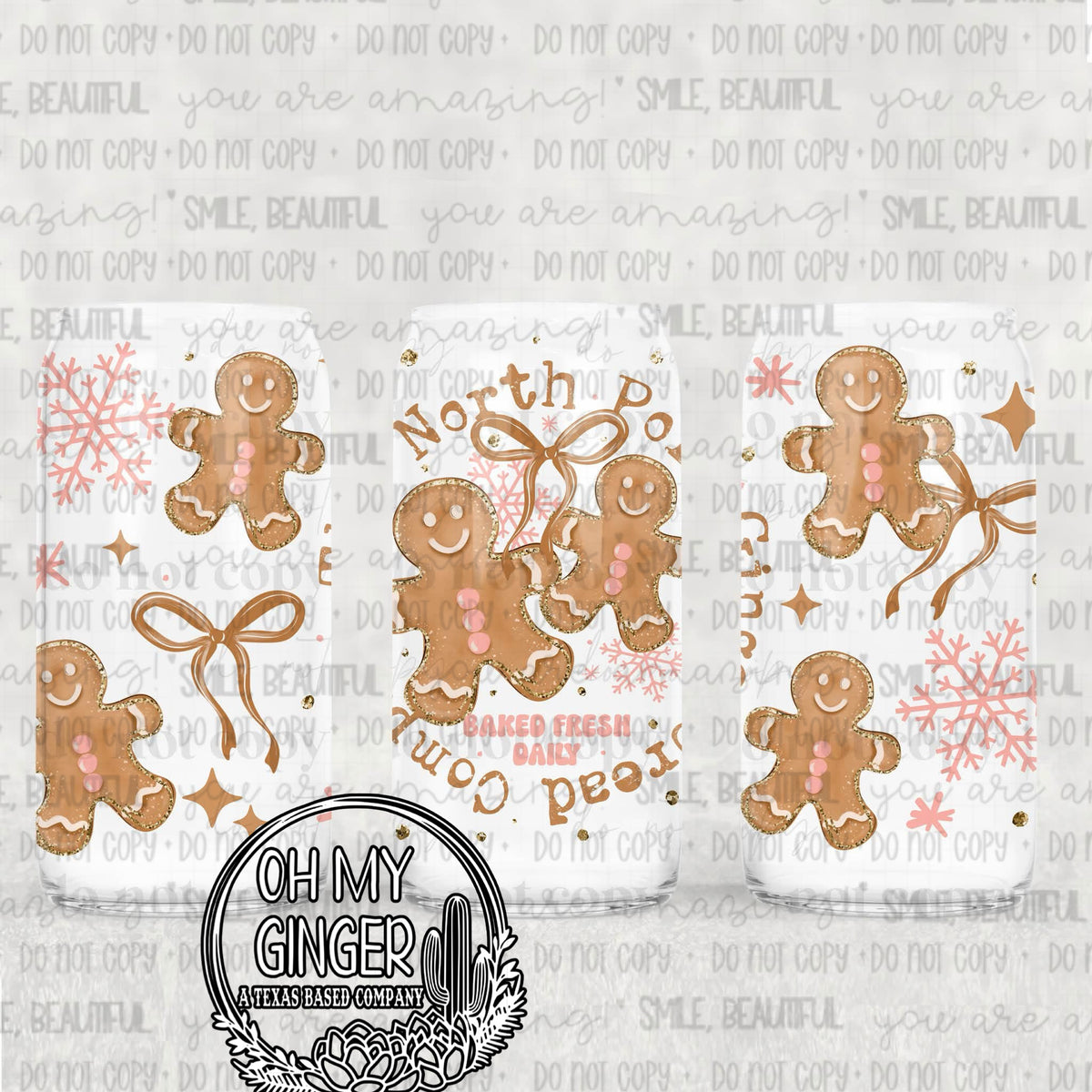 North Pole Gingerbread Company Glass Can featuring gingerbread cookies, snowflakes and bows with North Pole Gingerbread Company lettering by Oh My Ginger