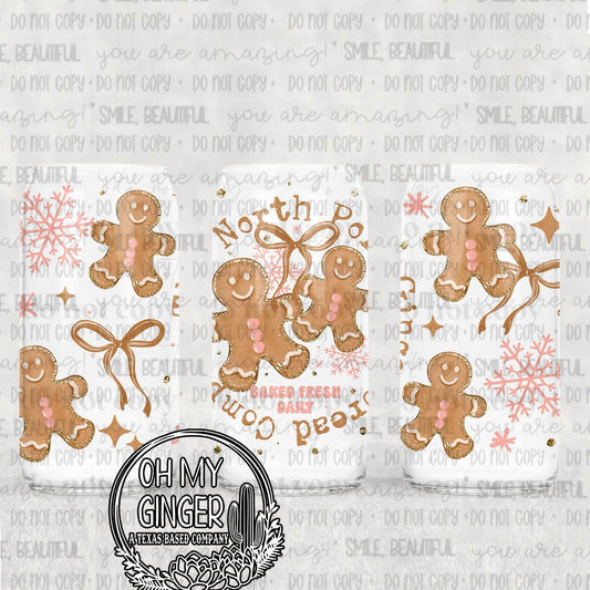 North Pole Gingerbread Company Glass Can featuring gingerbread cookies, snowflakes and bows with North Pole Gingerbread Company lettering by Oh My Ginger