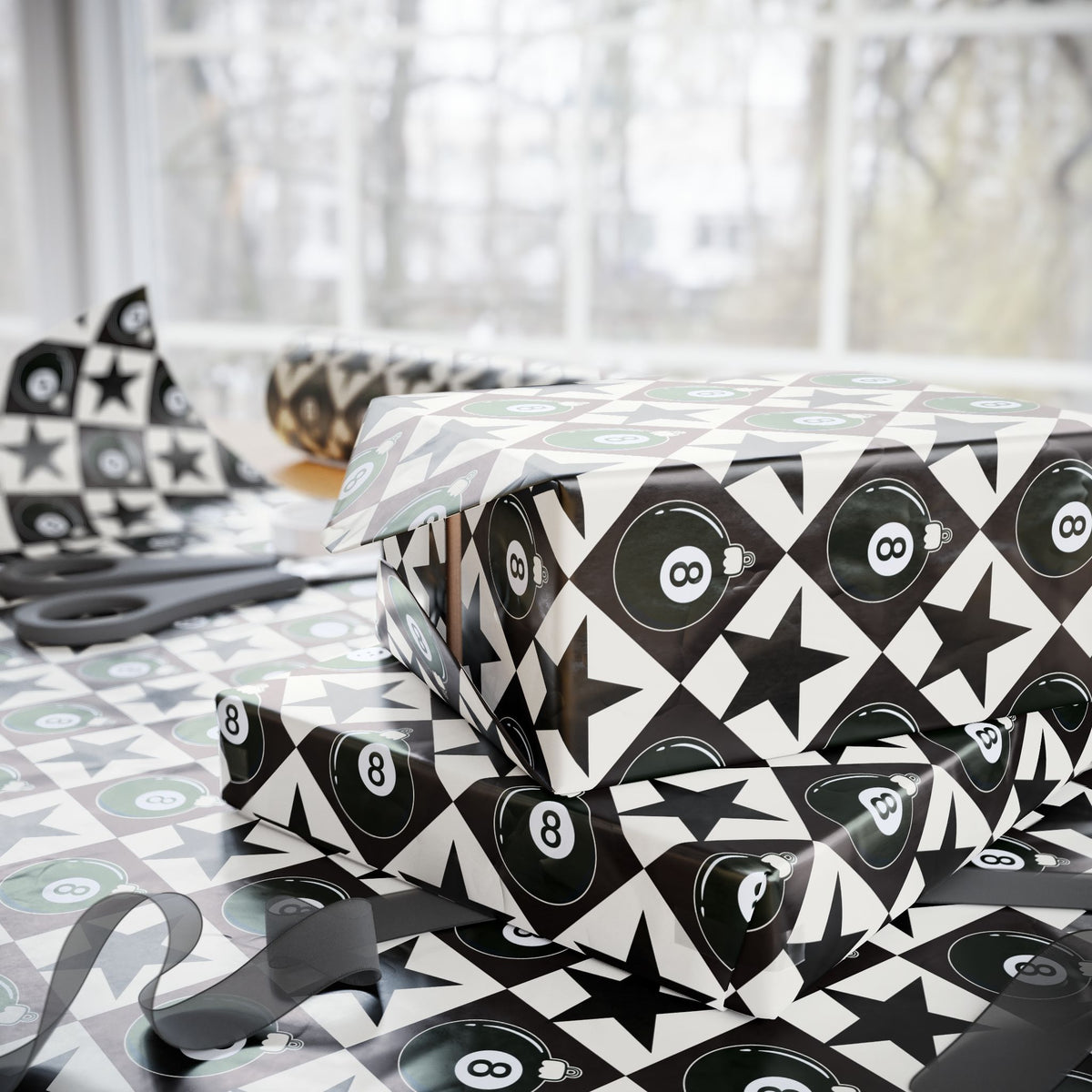 8 Ball Christmas Wrapping Paper, Black & White Ornament Gift Wrap, Stars & Diamonds, Billiards Holiday Paper