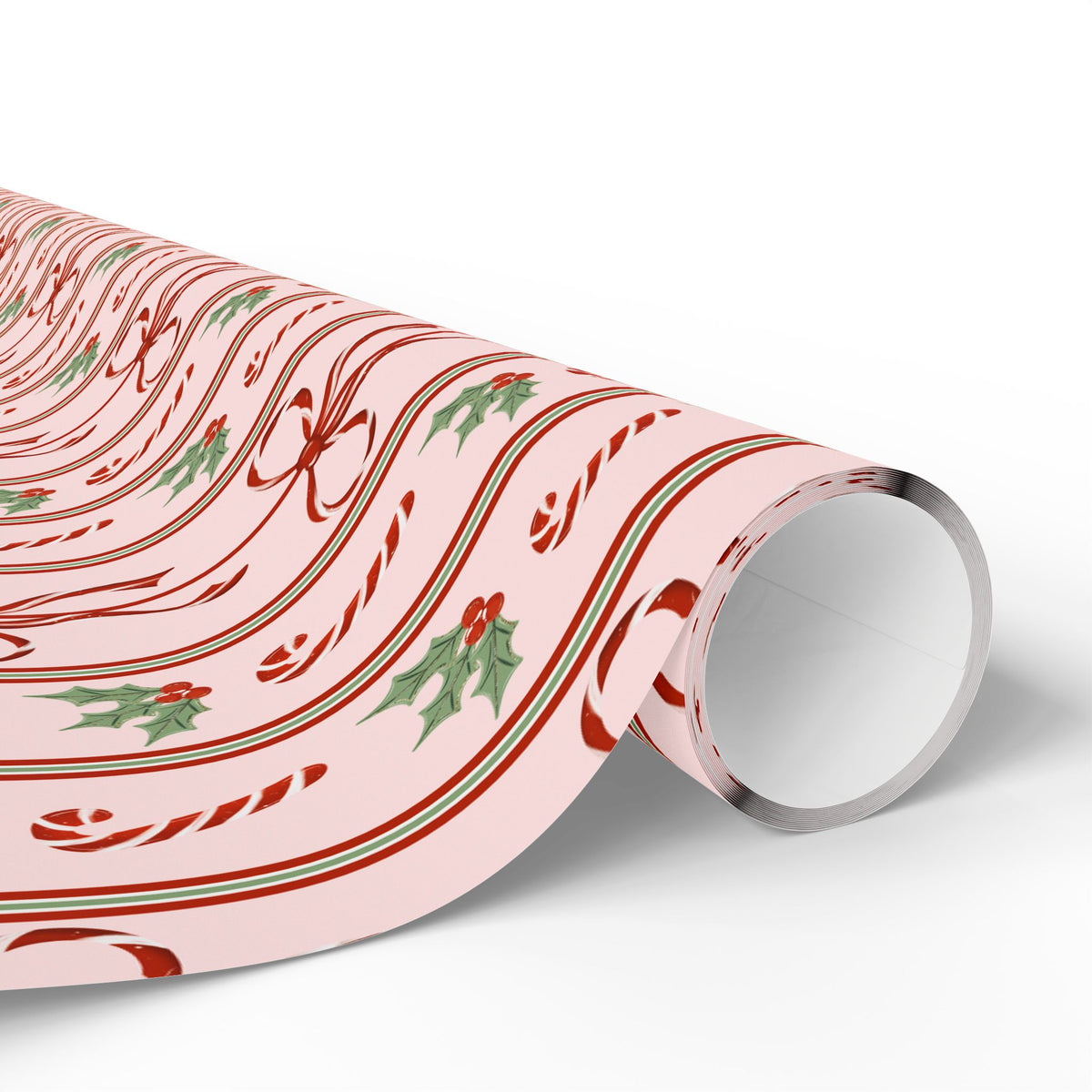 Pink Candy Cane Christmas Wrapping Paper, Red Bows & Holly, Striped Coquette Holiday Gift Wrap