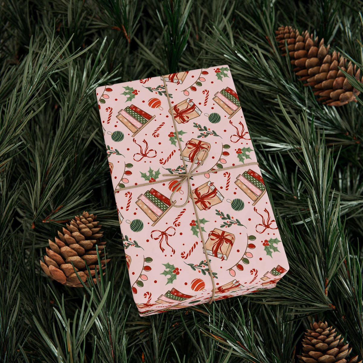 Pink Bookish Christmas Wrapping Paper, Holiday Books, Bows & Christmas Lights, Gift Wrap for Book Lovers