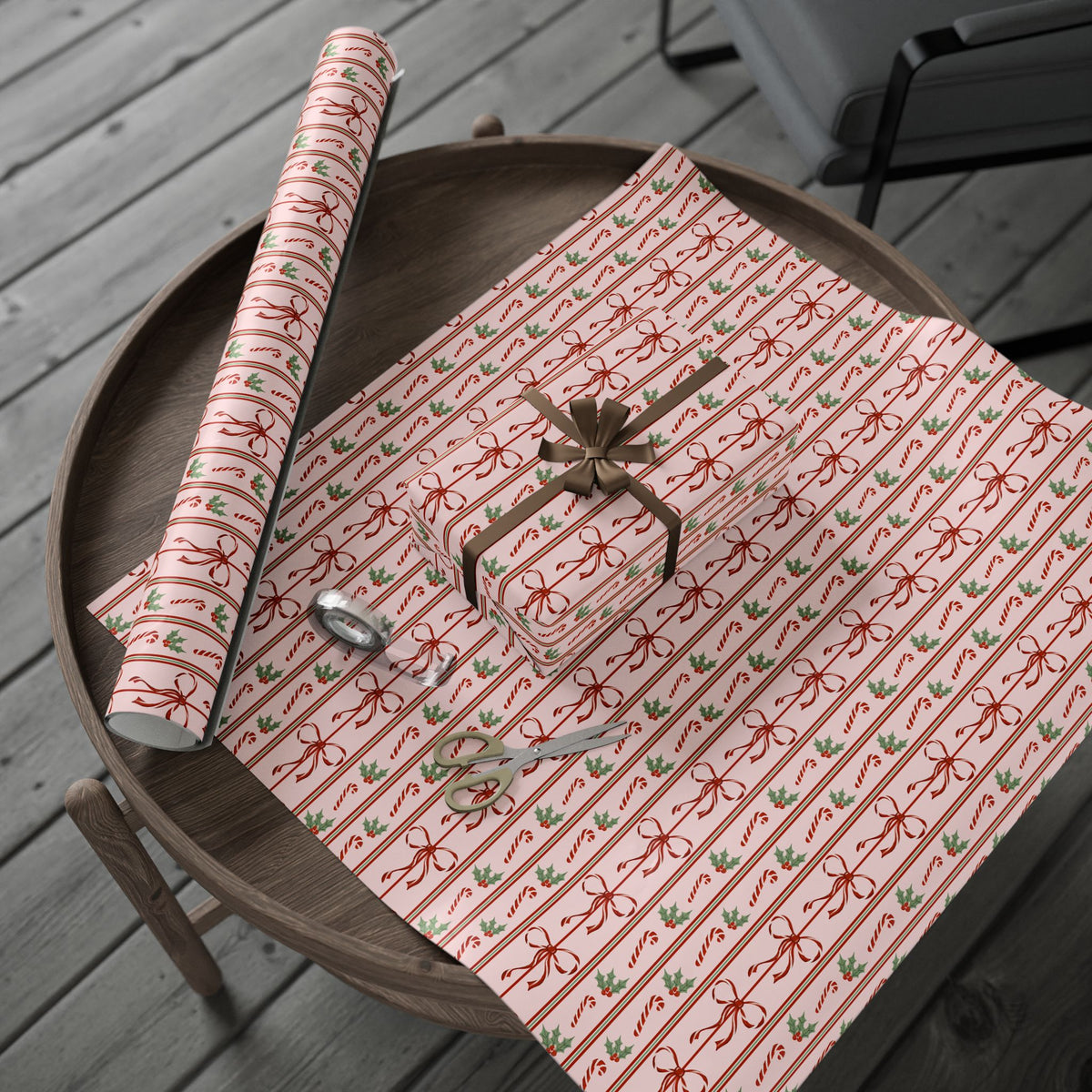 Pink Candy Cane Christmas Wrapping Paper, Red Bows & Holly, Striped Coquette Holiday Gift Wrap