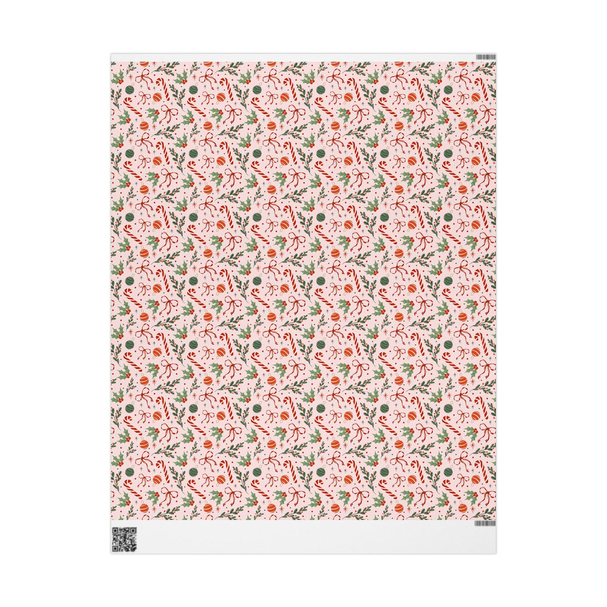 Pink Christmas Wrapping Paper, Candy Canes, Ornaments & Red Bows, Vintage-Inspired Holiday Gift Wrap