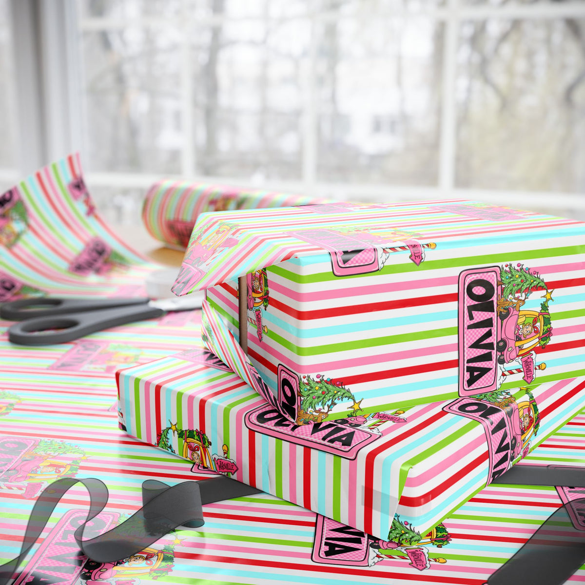 Merry Lou Who Custom Christmas Wrapping Paper, Custom Name Pink Striped Whoville Holiday Gift Wrap