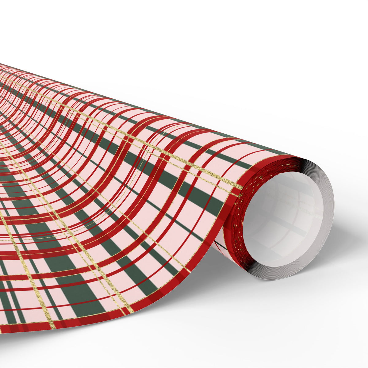 Pink Christmas Plaid Wrapping Paper, Red & Green Tartan with Faux Gold Glitter, Classic Holiday Gift Wrap