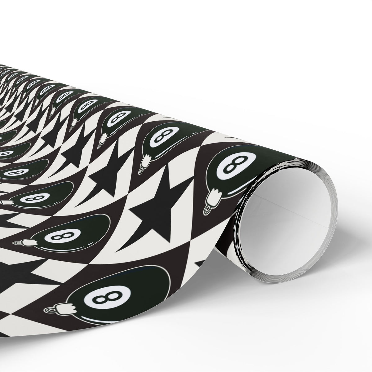 8 Ball Christmas Wrapping Paper, Black & White Ornament Gift Wrap, Stars & Diamonds, Billiards Holiday Paper