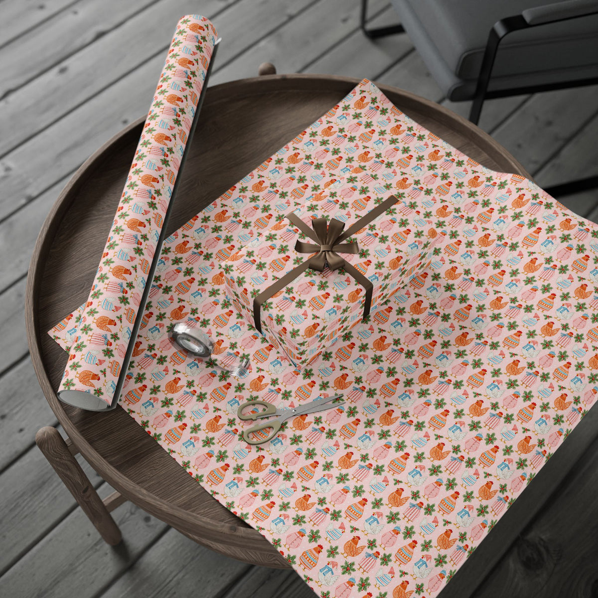 Christmas Chicken Wrapping Paper, Pink Holiday Gift Wrap with Chickens in Sweaters, Cute Farmhouse Christmas Paper